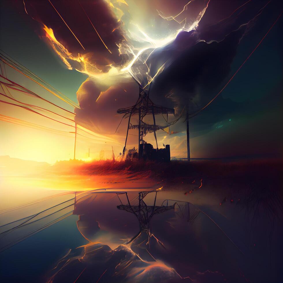 3d illustration av en stormig himmel över de stad på solnedgång, ai generativ bild foto