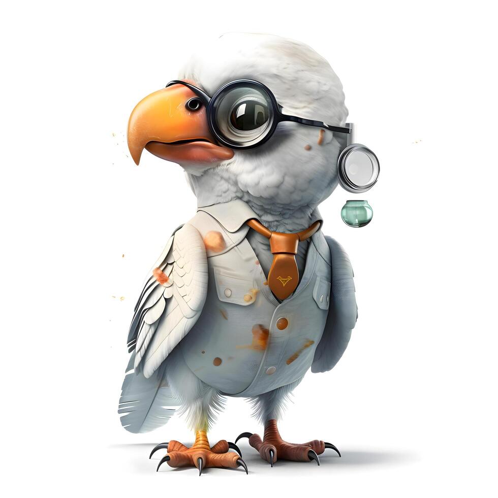 tecknad serie papegoja med glasögon och stetoskop på vit bakgrund, ai generativ bild foto
