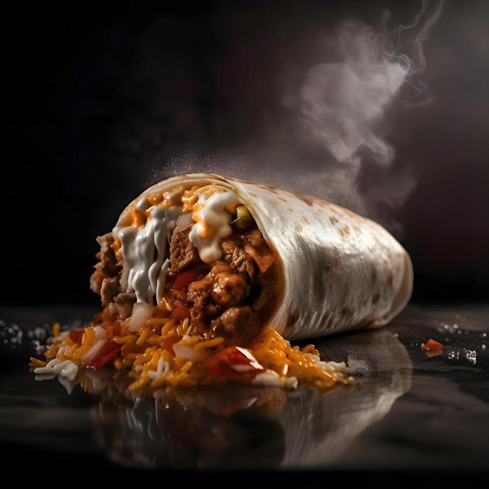 traditionell mexikansk burrito med kött och grönsaker på svart bakgrund, ai generativ bild foto