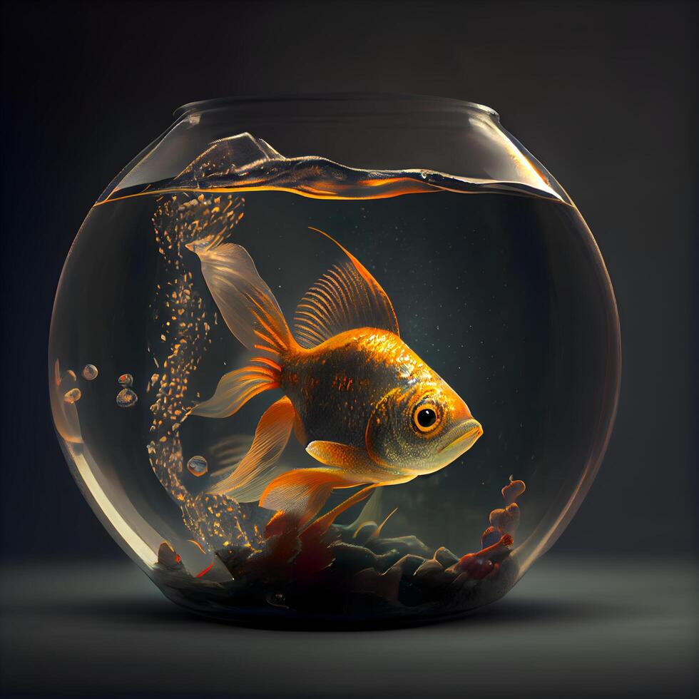 guldfisk i en runda akvarium med stenar på en mörk bakgrund., ai generativ bild foto