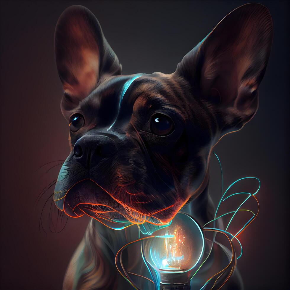 digital illustration av en franska bulldogg med en ljus Glödlampa, ai generativ bild foto
