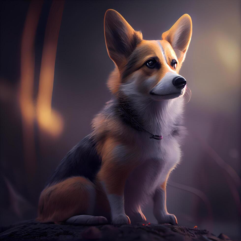 welsh corgi pembroke hund Sammanträde i de skog, ai generativ bild foto