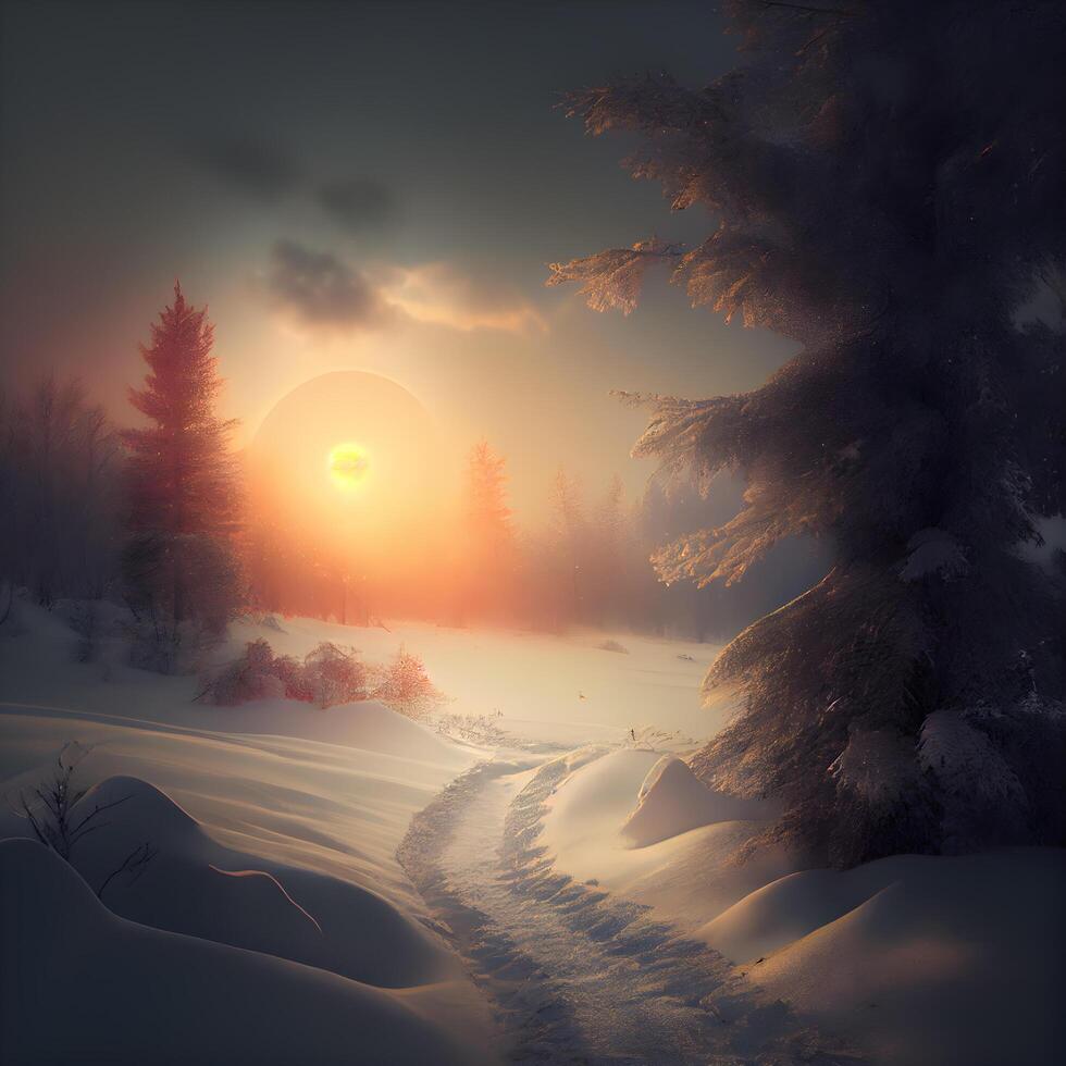 fantastisk vinter- landskap. soluppgång i en snöig skog. 3d tolkning, ai generativ bild foto