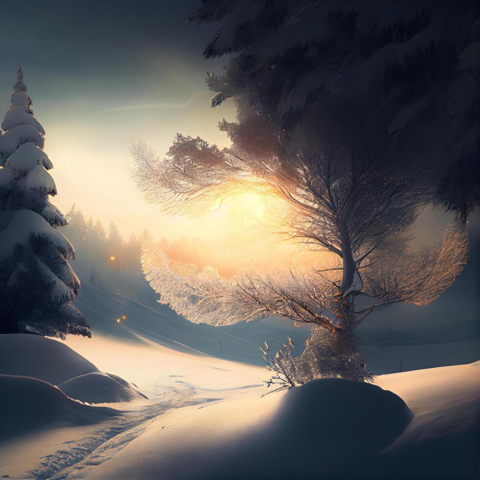 vinter- landskap med snö täckt träd och Sol. 3d illustration., ai generativ bild foto