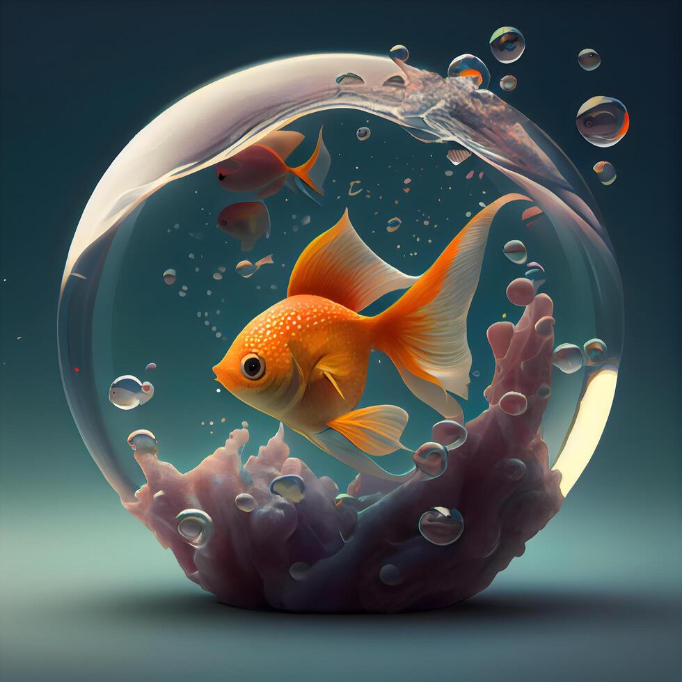guldfisk i en fiskskål. 3d illustration. konceptuell bild, ai generativ bild foto