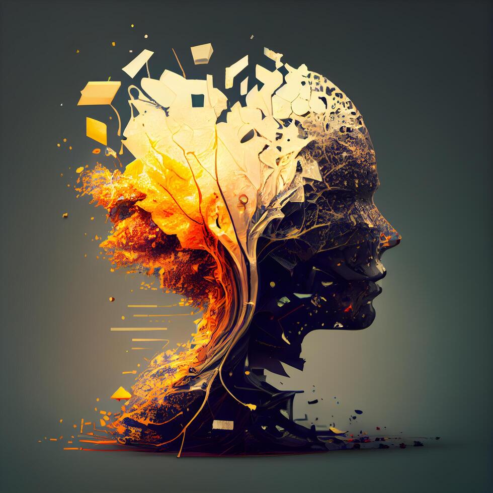 abstrakt mänsklig huvud med brand effekt på grå bakgrund. 3d tolkning, ai generativ bild foto