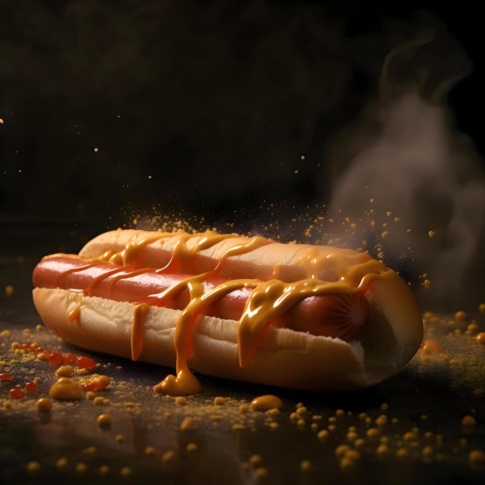 varm hund med senap och ketchup på en svart bakgrund med reflexion, ai generativ bild foto