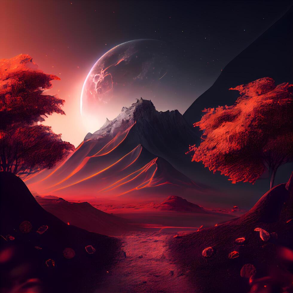 fantasi landskap med bergen och röd planet. 3d illustration., ai generativ bild foto