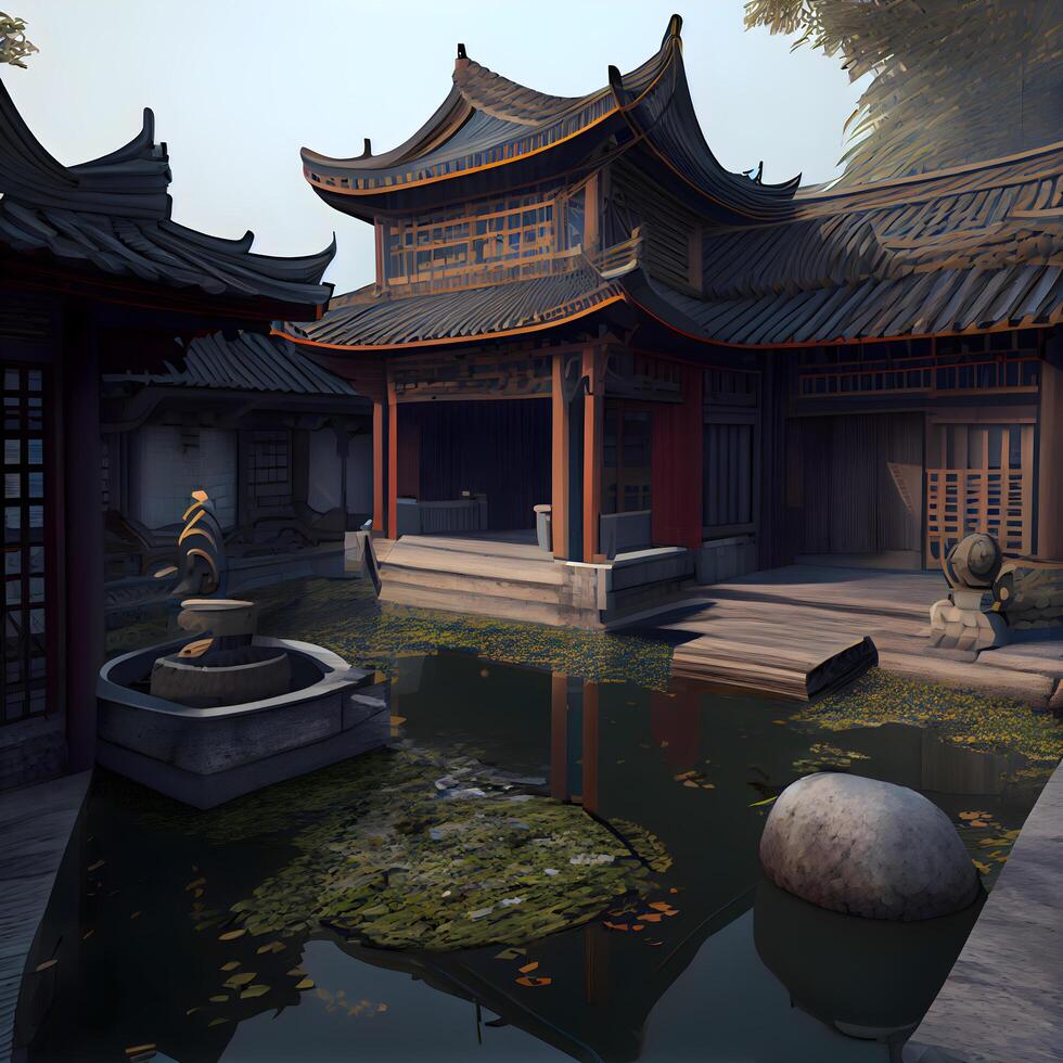 kinesisk traditionell hus på de vatten i de kväll, 3d framställa, ai generativ bild foto