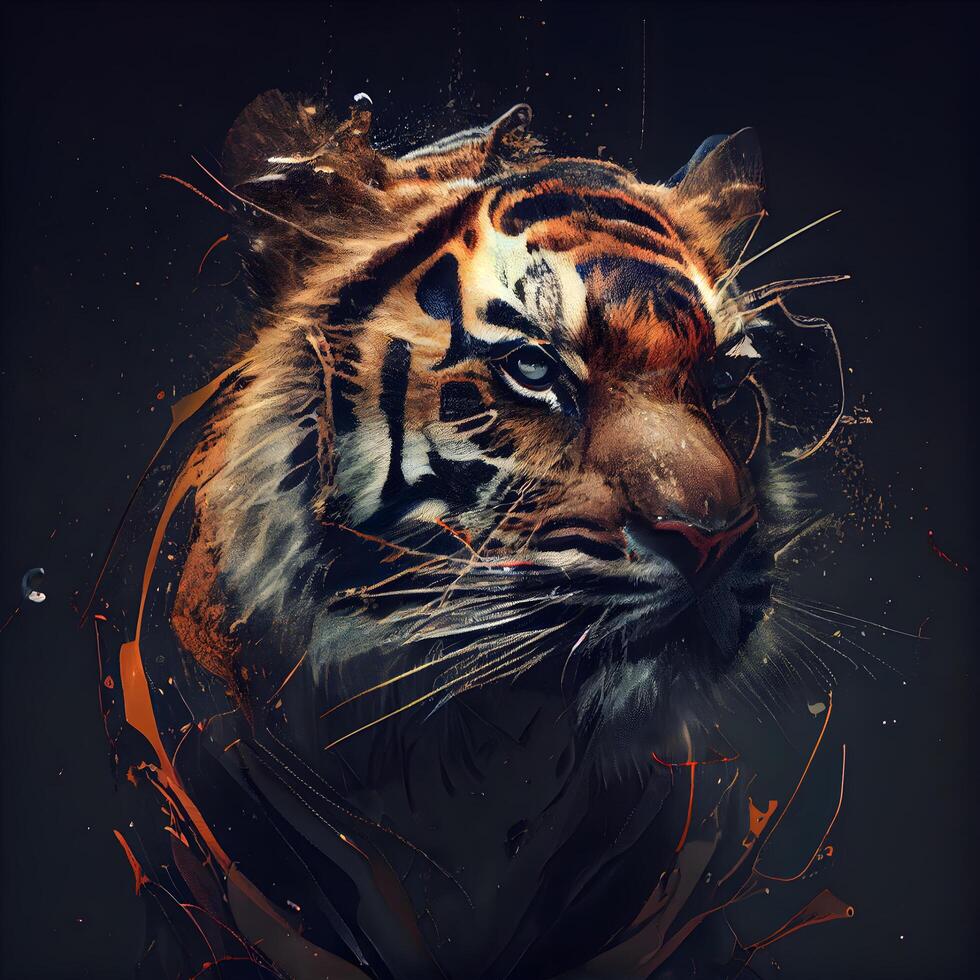 tiger huvud konst illustration. abstrakt tiger porträtt på svart bakgrund., ai generativ bild foto