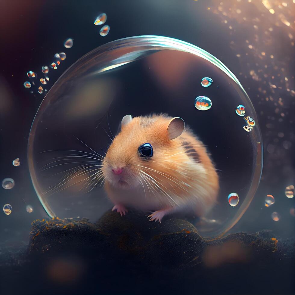 hamster i en glas skål med tvål bubblor på en mörk bakgrund, ai generativ bild foto