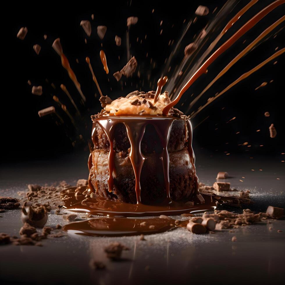 choklad kaka med stänk och droppar av choklad på en svart bakgrund, ai generativ bild foto