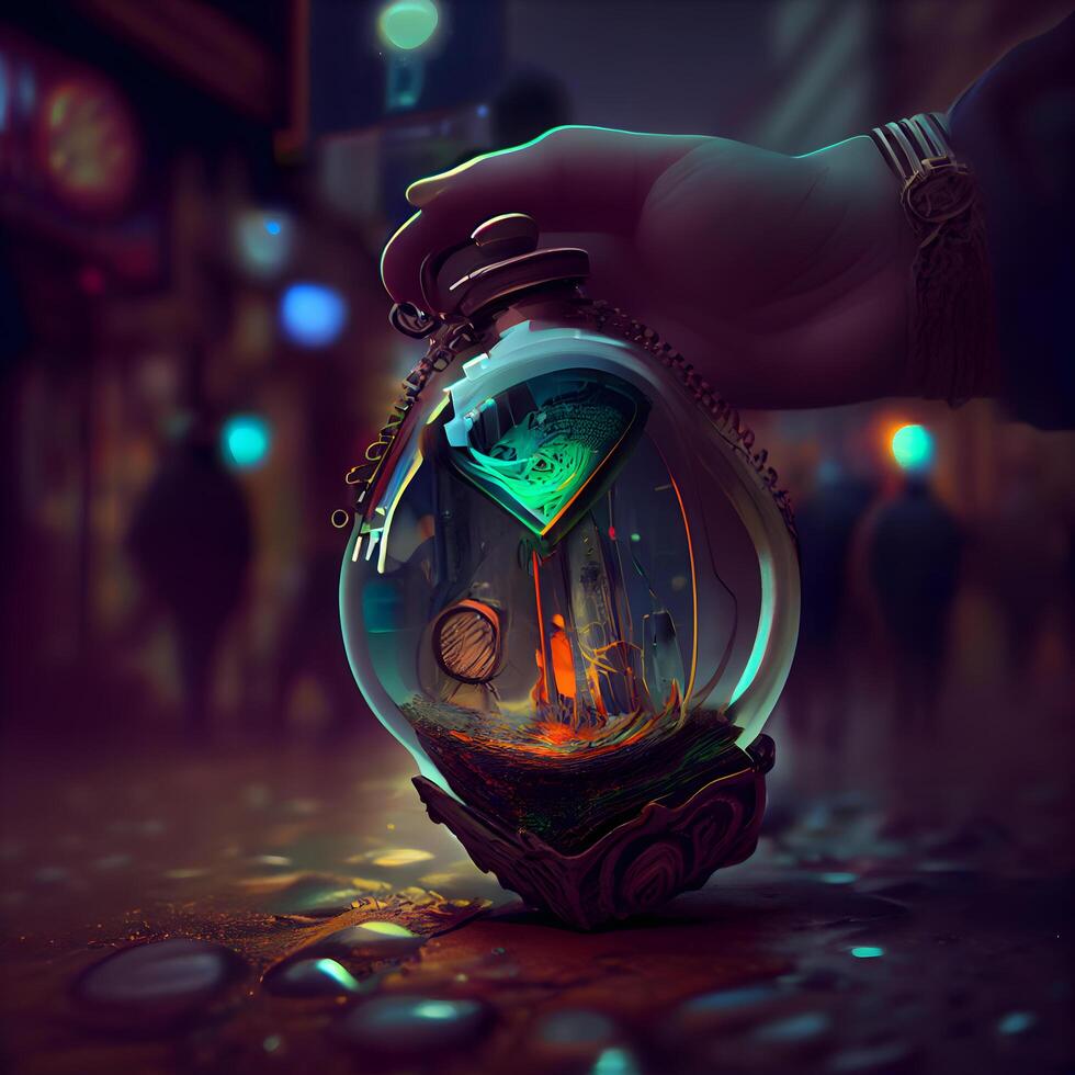 hand innehav en magi kristall boll i de natt stad. 3d tolkning, ai generativ bild foto