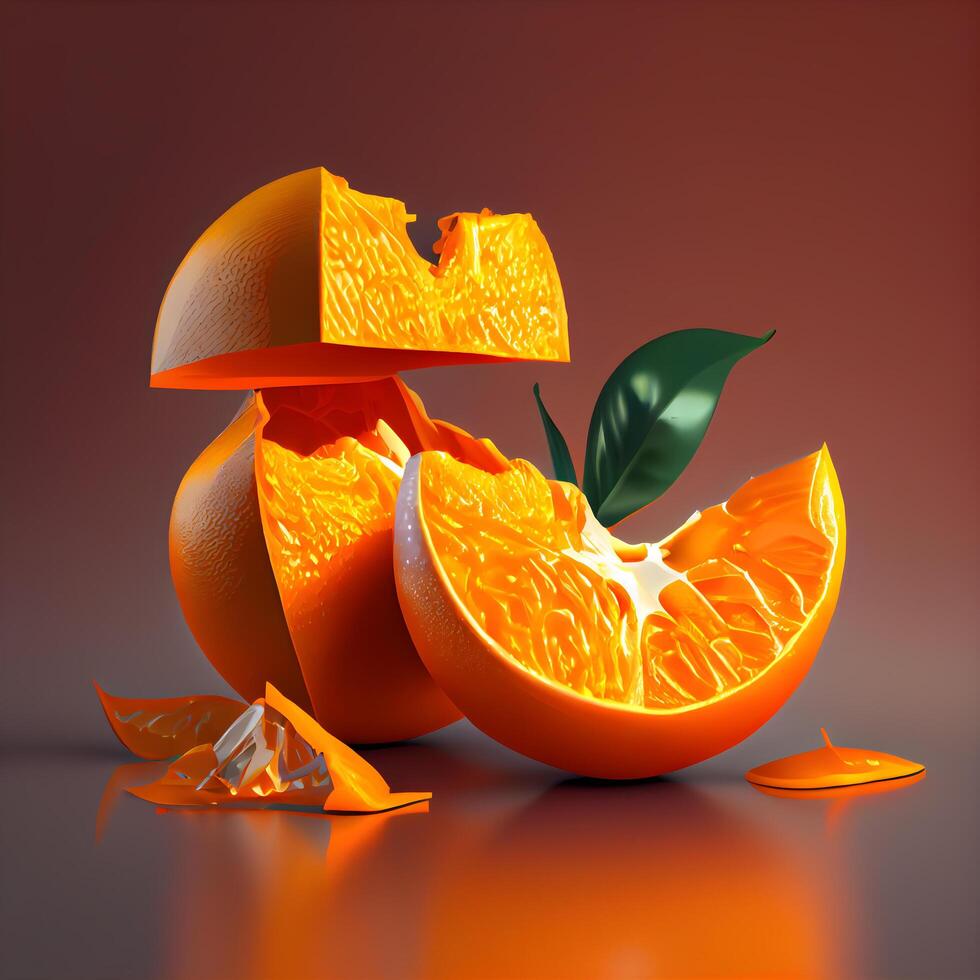 orange frukt med löv på en mörk bakgrund. 3d tolkning., ai generativ bild foto