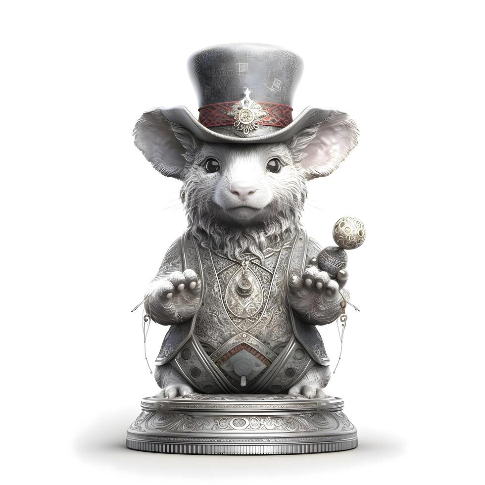 rolig vit mus i en blå hatt med en rosett slips på en grå bakgrund, ai generativ bild foto