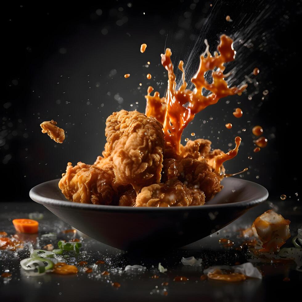 friterad kyckling bitar i en skål med stänk och droppar på en svart bakgrund, ai generativ bild foto