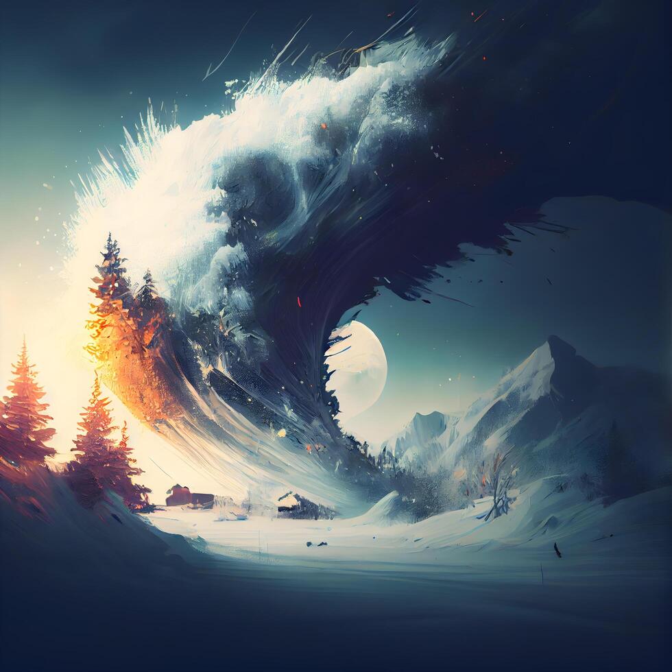 fantasi vinter- landskap med snö täckt träd och berg. element av detta bild möblerad förbi nasa, ai generativ bild foto