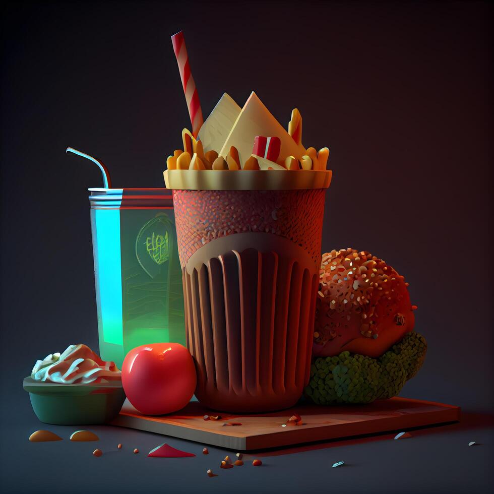 snabb mat. snabb mat. hamburgare, franska pommes frites, kopp av cola. 3d illustration, ai generativ bild foto