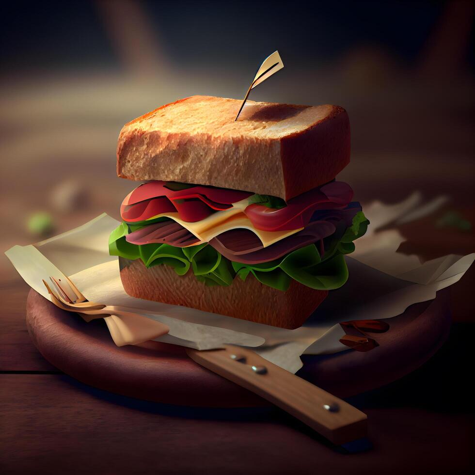 smörgås med skinka, ost, sallad och tomat på trä- bakgrund, ai generativ bild foto