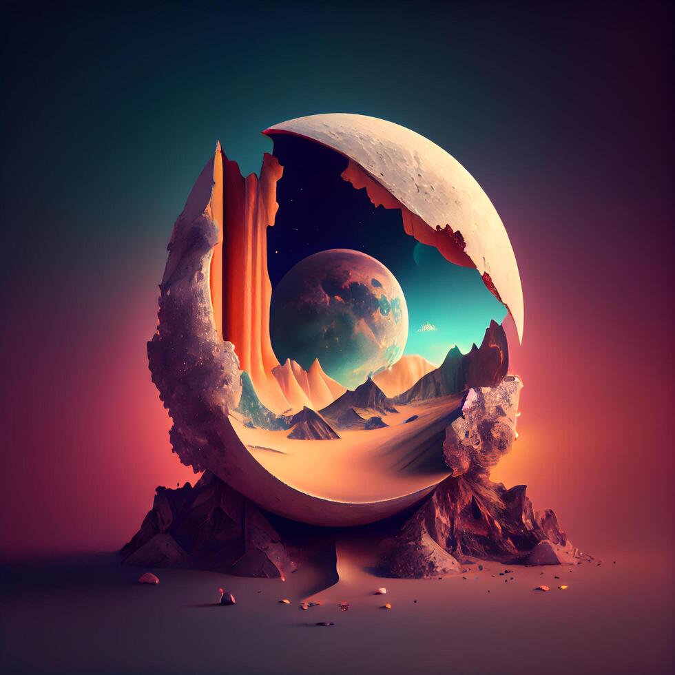 fantasi landskap med planet och de måne. 3d illustration., ai generativ bild foto