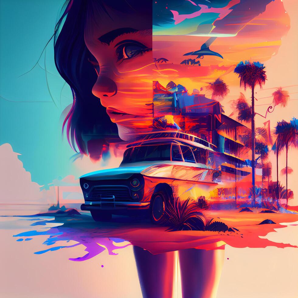 illustration av en skön flicka med en bil i de bakgrund., ai generativ bild foto