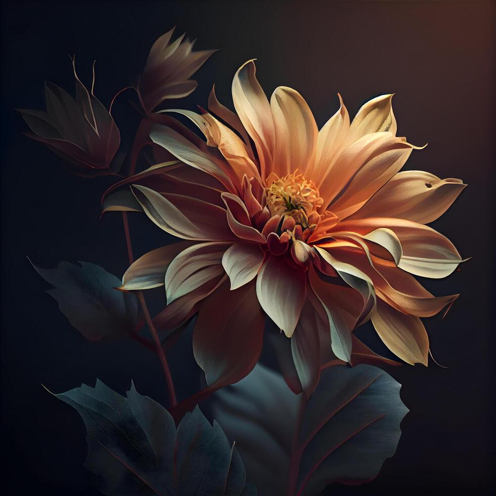 dahlia blomma på svart bakgrund. digital målning. 3d tolkning, ai generativ bild foto