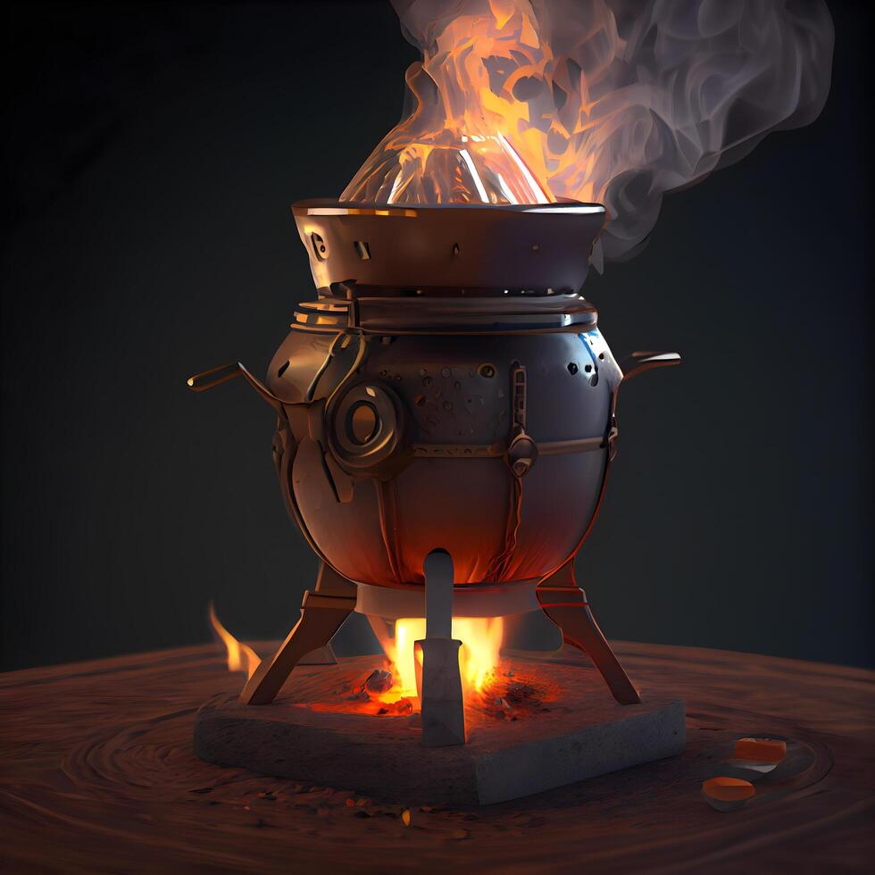 gammal koppar spis med brand och rök på en mörk bakgrund. 3d illustration, ai generativ bild foto