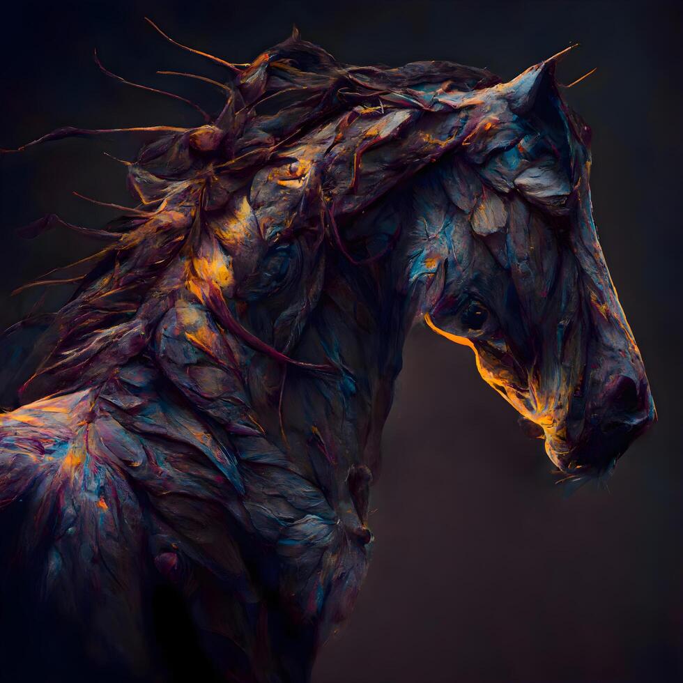 häst huvud med blå och orange fjädrar. fantasi djur- porträtt., ai generativ bild foto