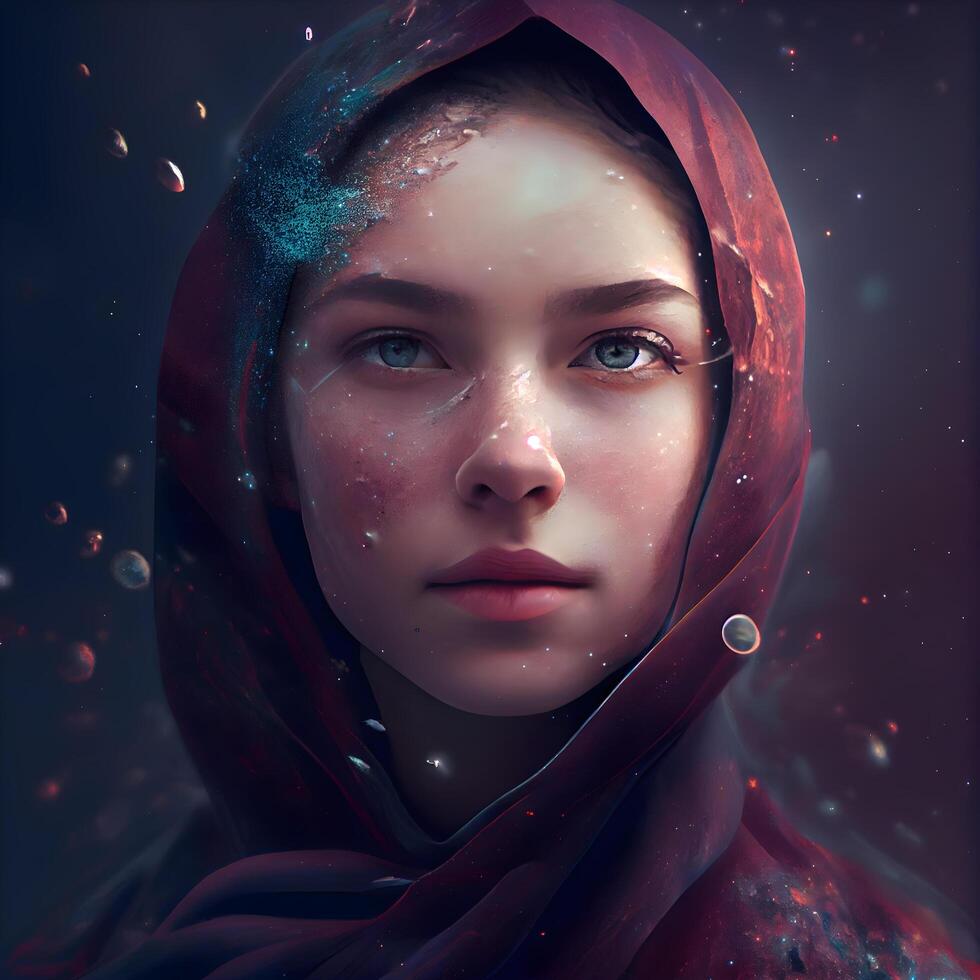 porträtt av en skön flicka med en röd scarf på henne huvud., ai generativ bild foto