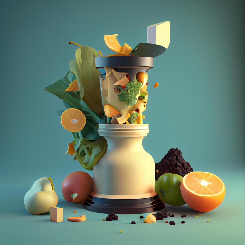 frukt juice i blandare med frukt och grönsaker, 3d illustration, ai generativ bild foto