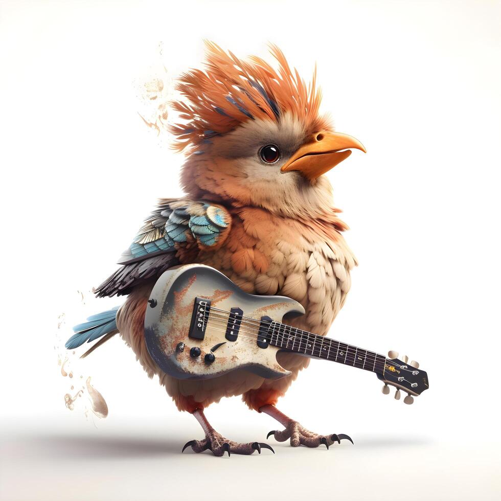 söt papegoja med gitarr isolerat på vit bakgrund. 3d illustration., ai generativ bild foto