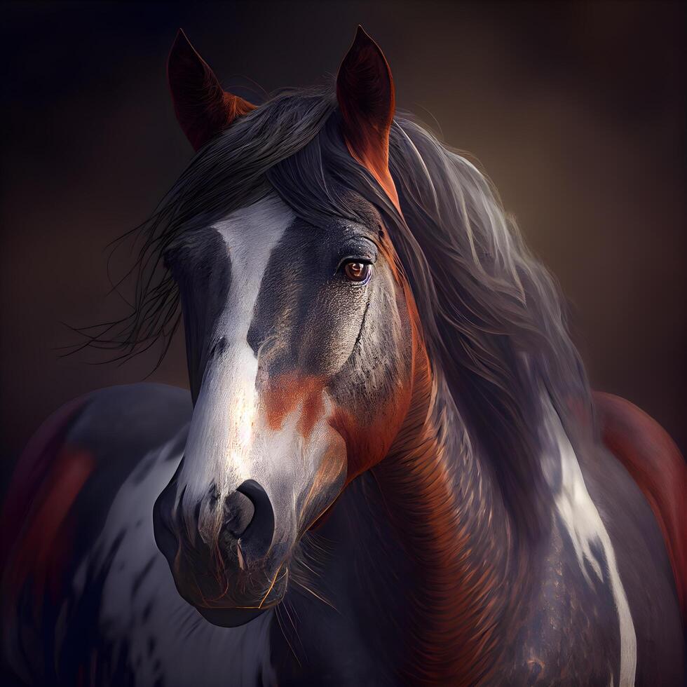porträtt av en bukt häst på en mörk bakgrund. digital målning., ai generativ bild foto