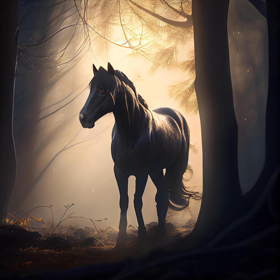 häst i de dimmig skog på soluppgång. halloween begrepp., ai generativ bild foto