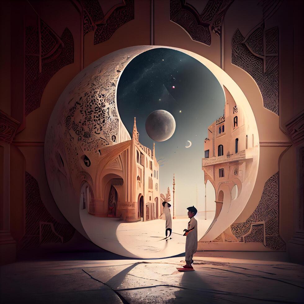 muslim man i traditionell kläder stående i främre av de måne och moské, ai generativ bild foto