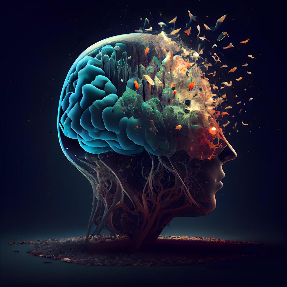 mänsklig huvud med abstrakt hjärna. mental hälsa begrepp. 3d tolkning, ai generativ bild foto