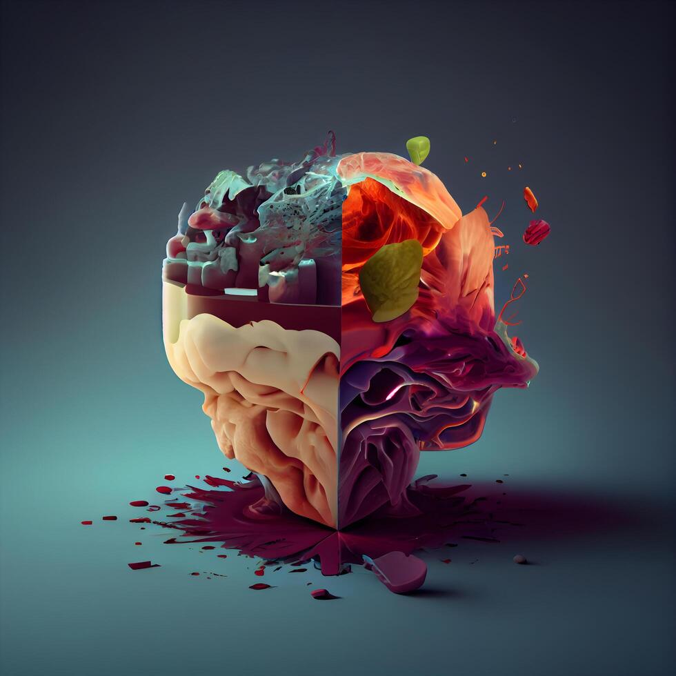 konceptuell bild av mänsklig hjärna med färgrik måla stänk. foto