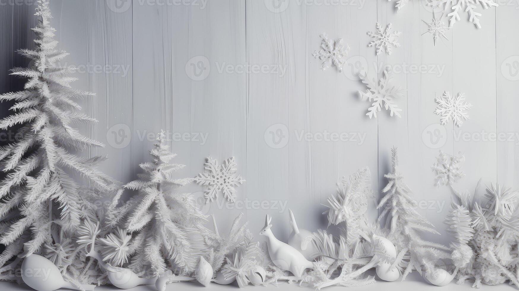 glad jul och Lycklig högtider hälsning kort, ram, baner. ny år. noel. snö jul träd ljus bakgrund. vinter- xmas Semester tema. platt lägga.. skapas med generativ ai foto
