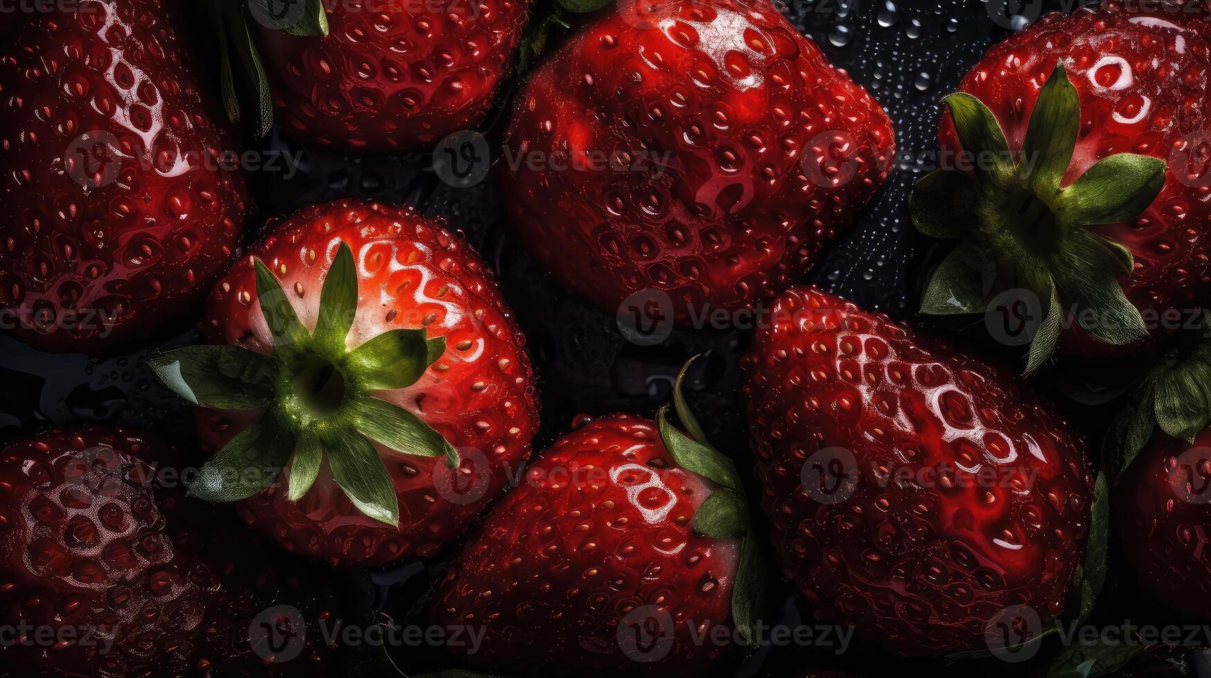 röd mogen jordgubbar bakgrund. stänga upp, topp se.. skapas med generativ ai foto