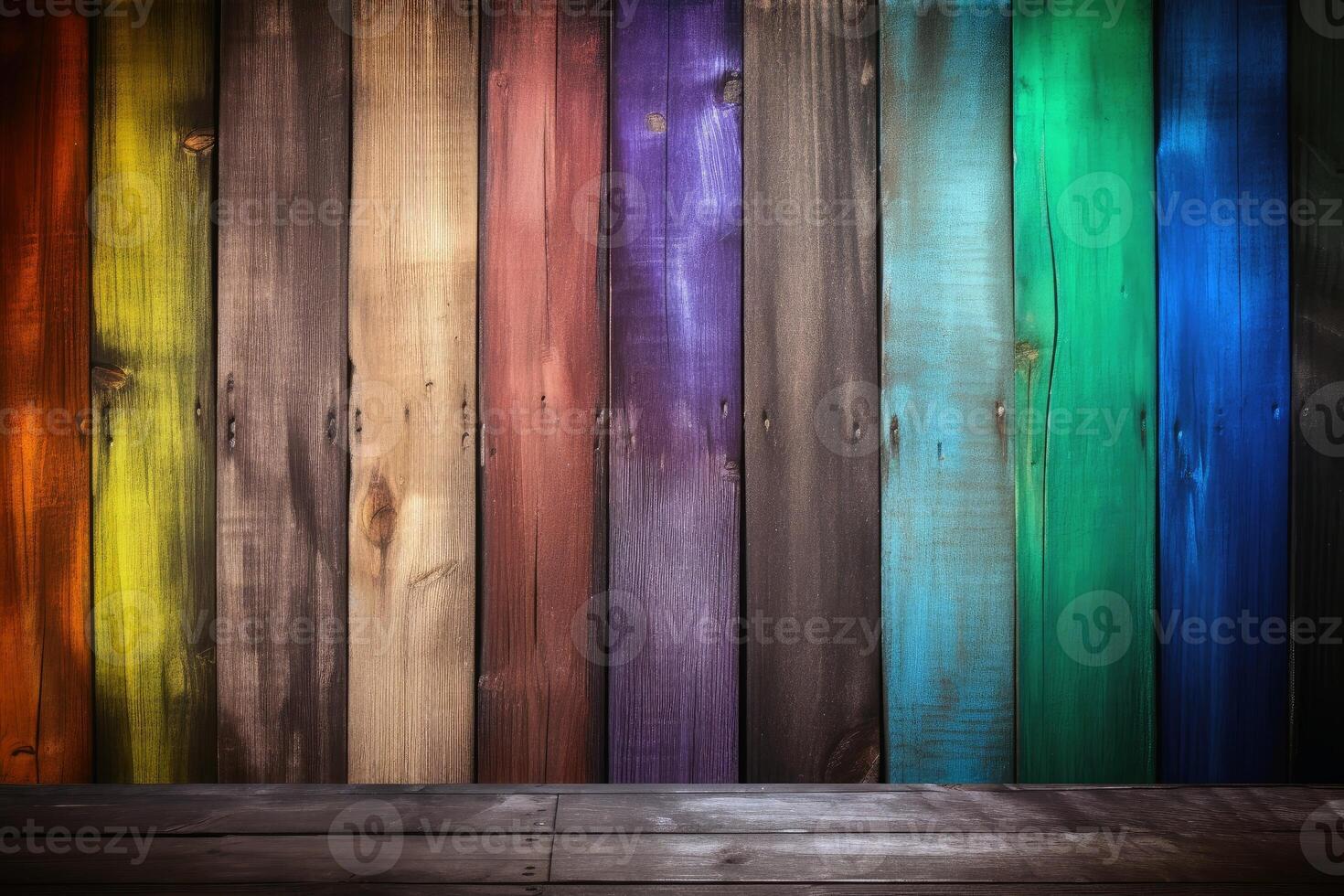 trä- plankor i regnbåge färger bakgrund textur skapas med generativ ai teknologi. foto