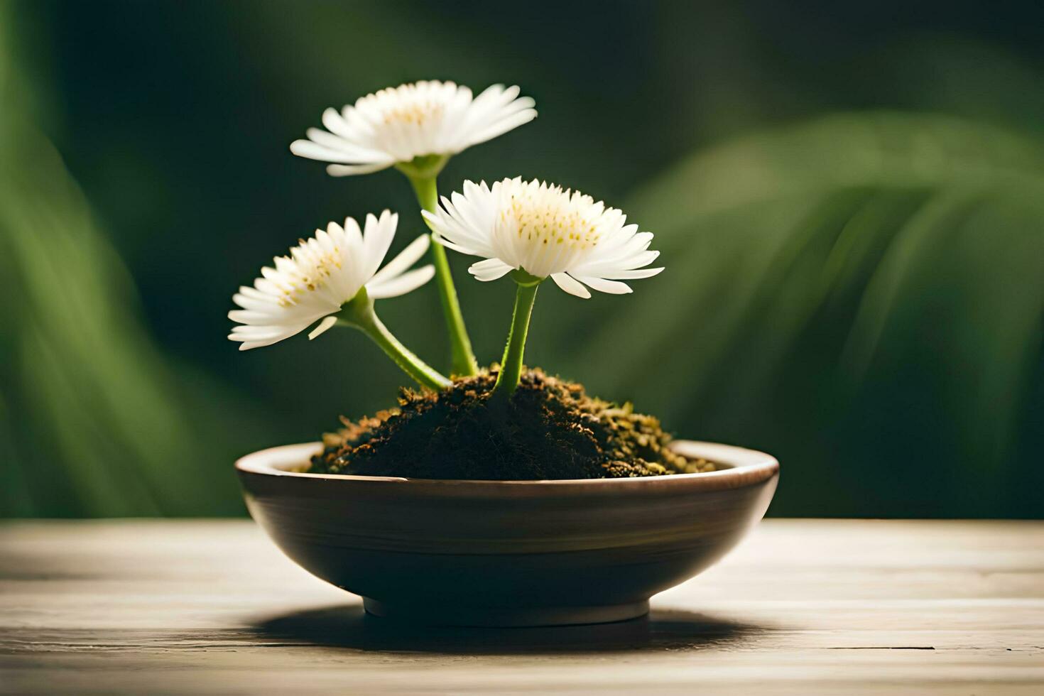 daisy blommor i en pott på en trä- tabell med natur bakgrund ai generera foto