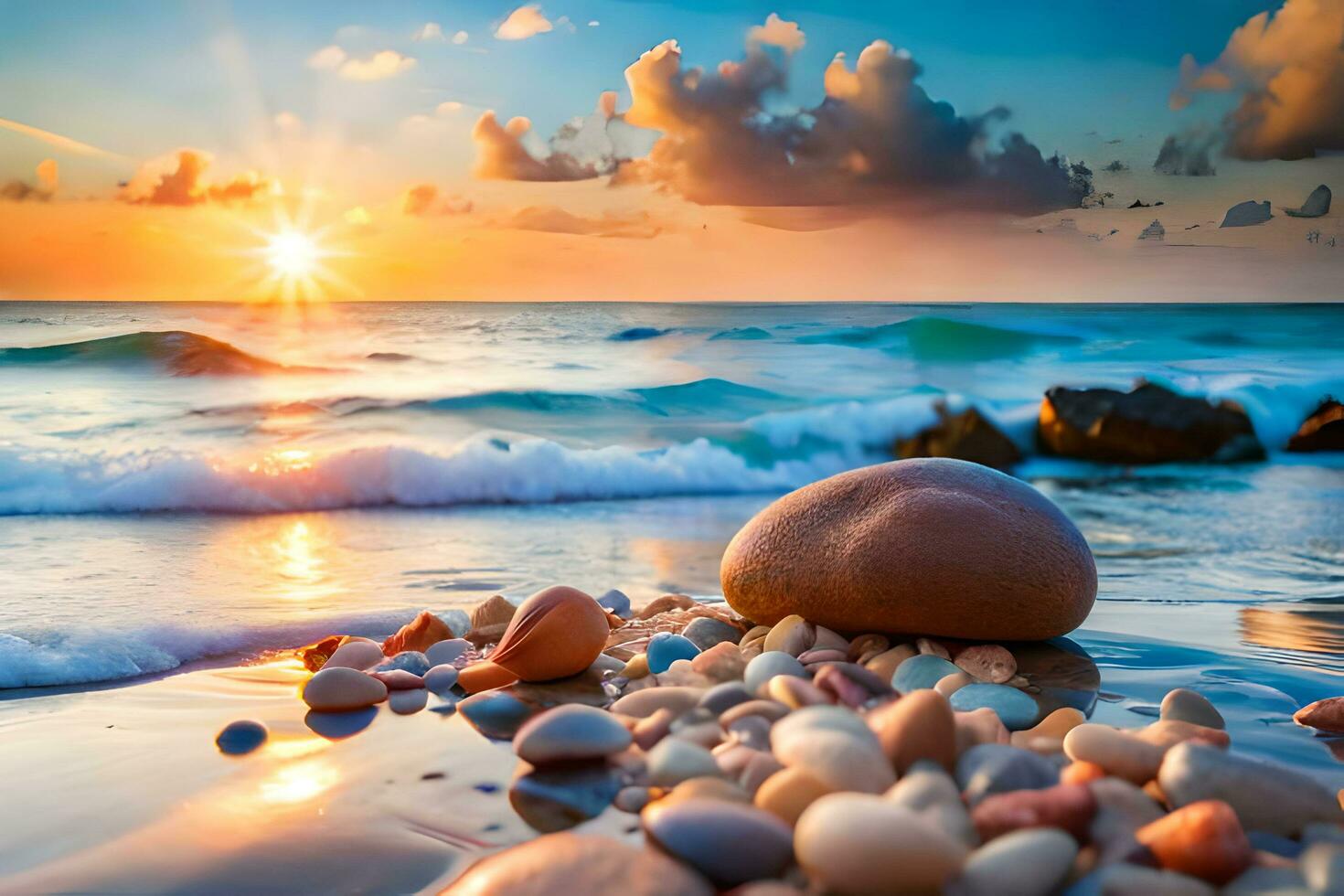 skön marinmålning med stenar på de strand på solnedgång ai generera foto