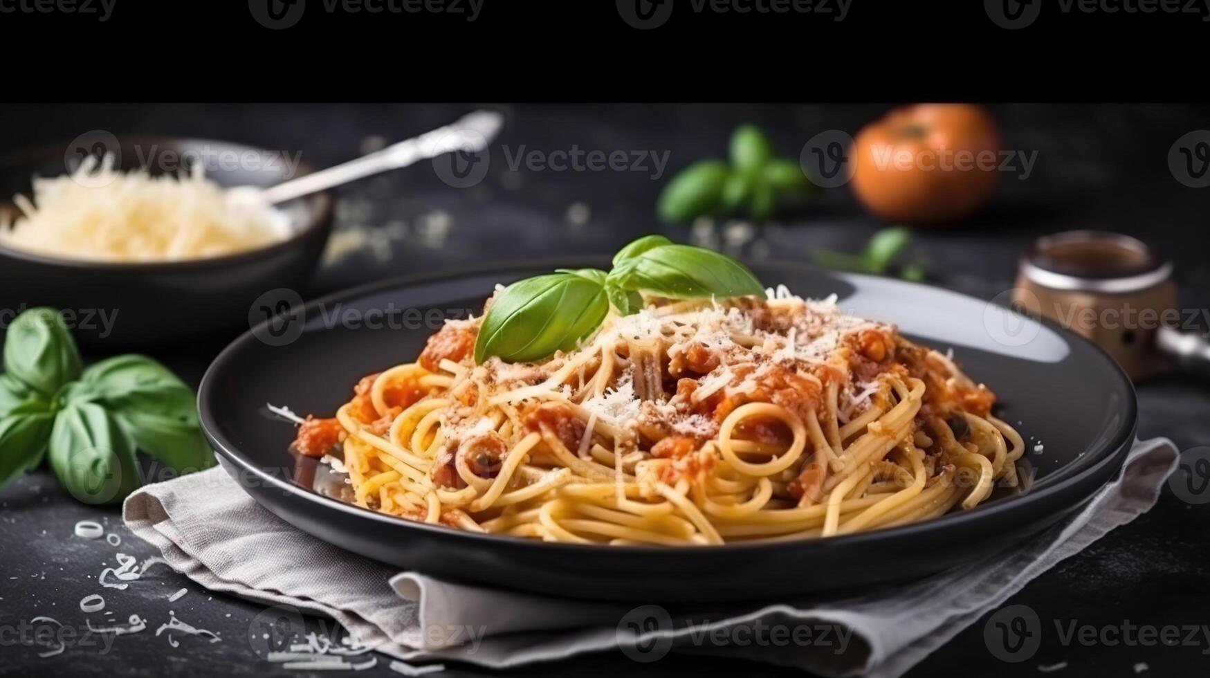 gott aptitlig klassisk italiensk spaghetti pasta med tomat sås, ost parmesan och basilika på tallrik på mörk tabell. generativ ai foto