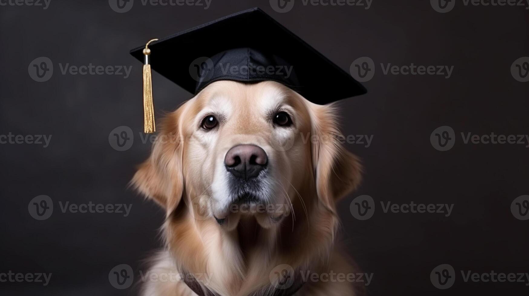 ai genererad söt hund gyllene retriever studerande i akademisk keps mortarboarden Nästa till böcker mot mörk bakgrund studie och utbildning begrepp generativ ai foto