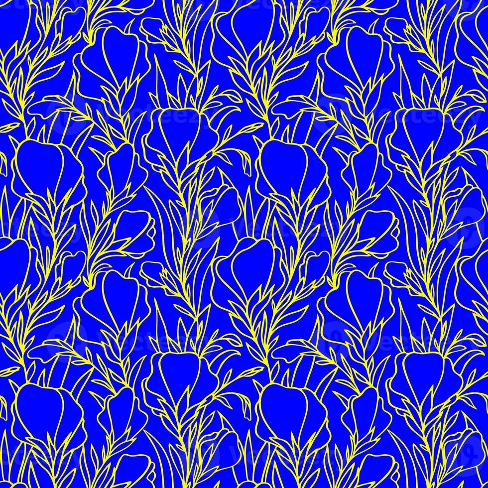 enkel två tonig sömlös mönster av gul stor konturer av blommor på en blå bakgrund, textur, design foto