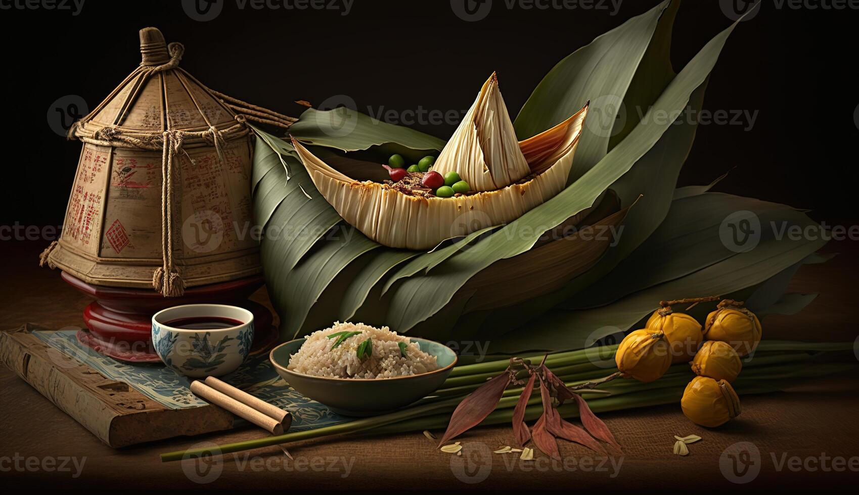 zongzi. ris klimp för kinesisk traditionell drake båt festival Duanwu festival. ai genererad. foto