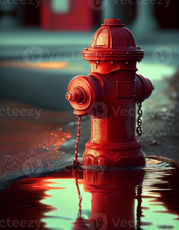 röd brand brandpost i de översvämmad gata, skapas med generativ ai foto