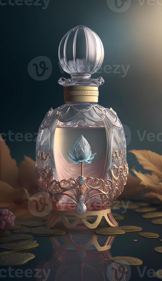 parfym flaska med växter och blommor. ai genererad foto