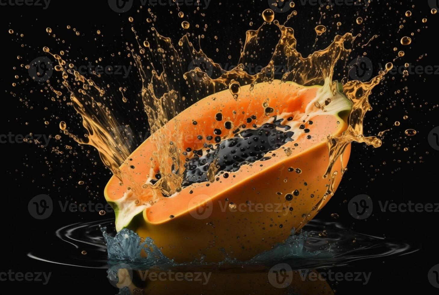 färsk papaya med vatten stänk isolerat på svart bakgrund. generativ ai foto