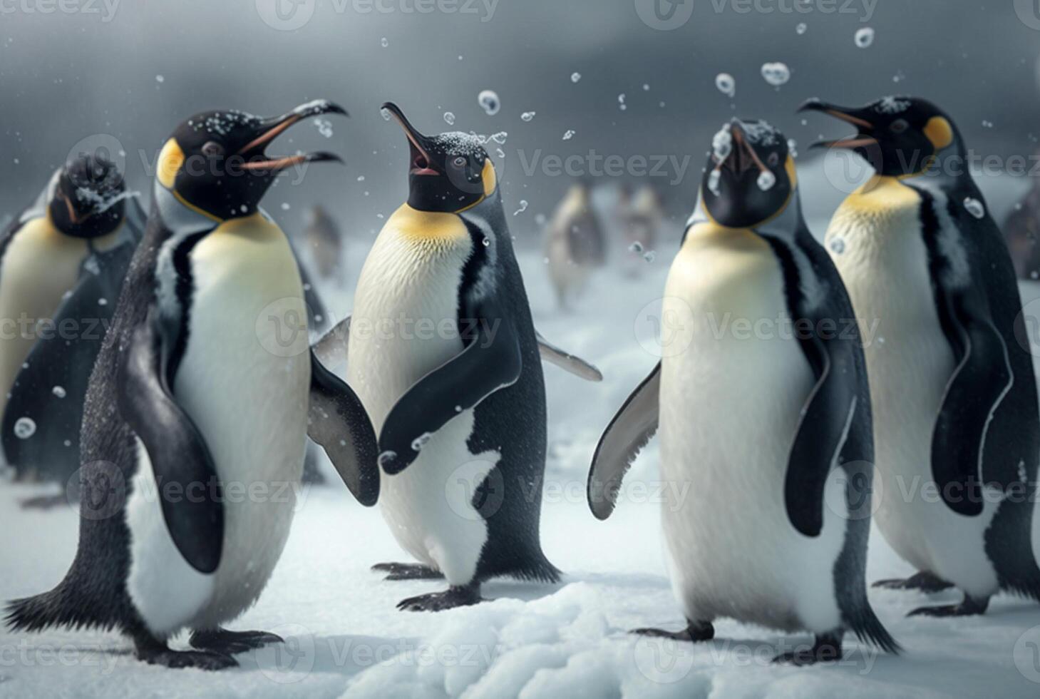 pingviner spelar i de snö. generativ ai foto