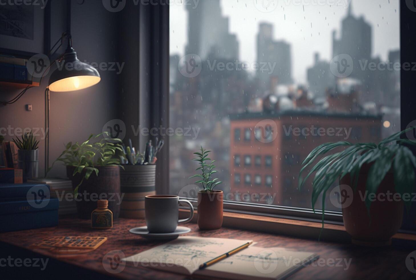 en tabell med en bok och en växt på den i främre av en fönster med en se av de stad utanför de regnig fönster. generativ ai foto